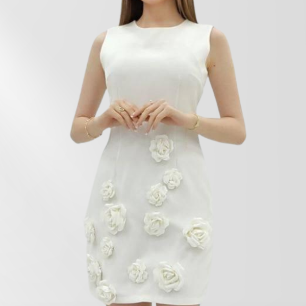Women White Sleeveless Dress with Rose Design