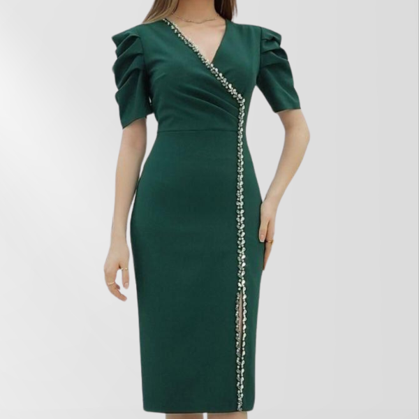 Women Short Sleeve V-neck dress with studs