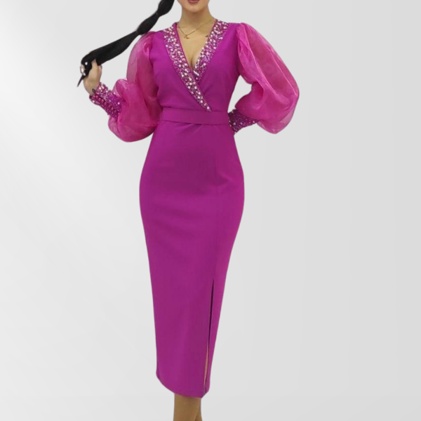 Fuchsia dress with Organza Sleeves and Beaded Neckline