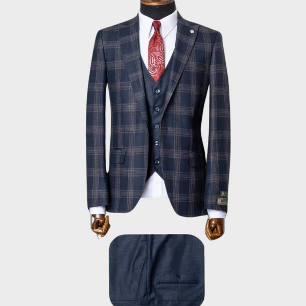 2pcs Dark Blue Plaid Formal Suit