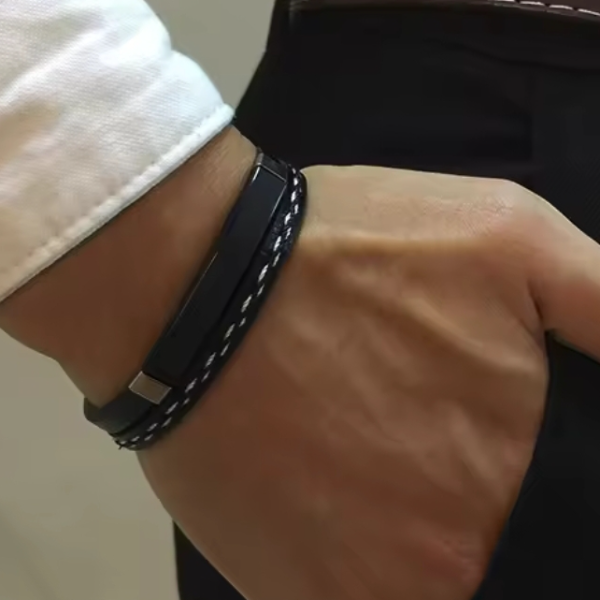KBL Unique Genuine Leather bracelets for Men/Women - Black steel bar