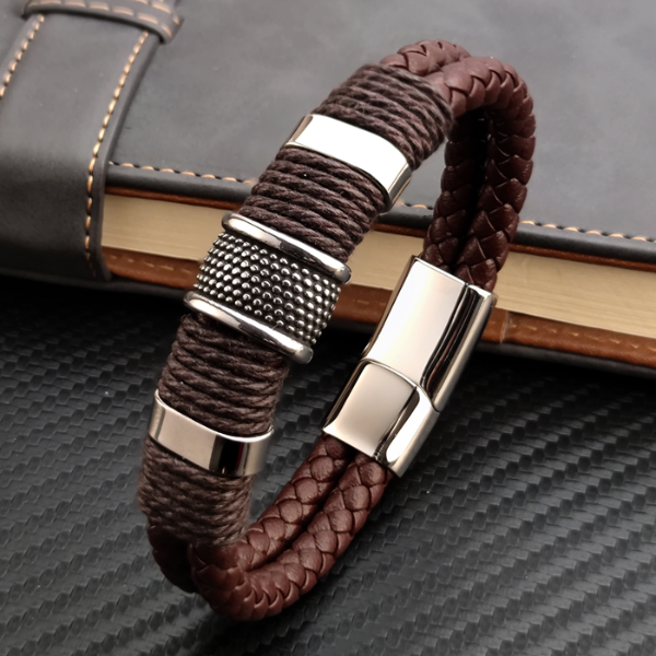 KBL Men Bracelet - Vintage Multilayer Brown Leather Stainless Steel