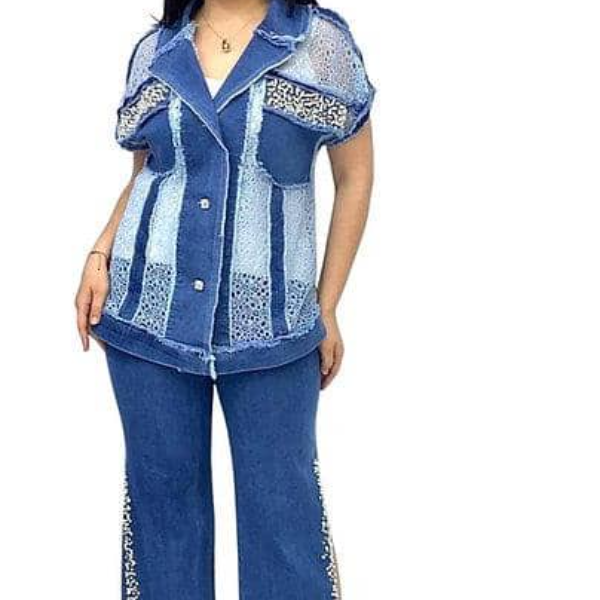 MADILIFE DENIM 2PCS (TOP AND TROUSER) WITH NET DESIGN