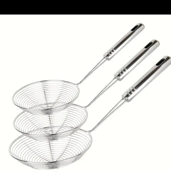 3pcs Stainless steel spider strainer set, durable metal skimmers with long handle, food-safe skimming spoons for frying, pasta, with hanging loop.