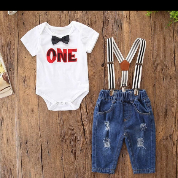 White onesie and Denim jumpsuit